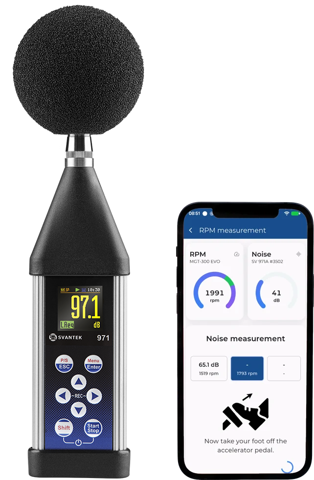 SV 971A Class 1 sound level meter beside Assistant PRO showing live engine speed during a vehicle noise test